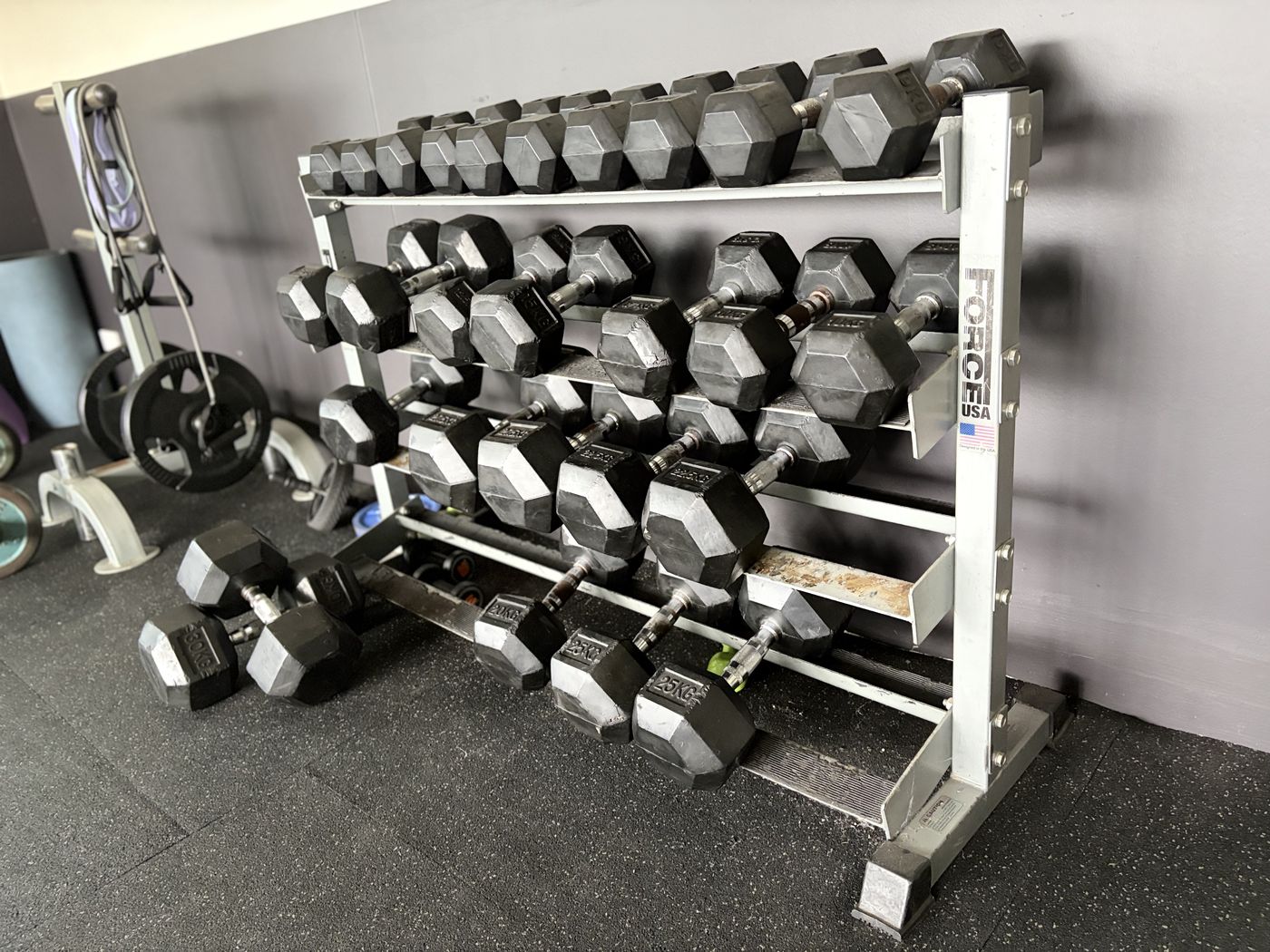 A full rack of hex dumbbells